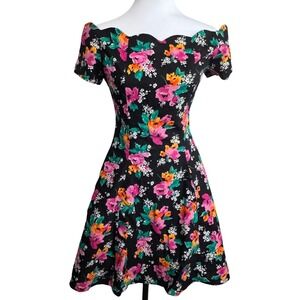 Byer Too! Vintage 90s Floral Fit and Flare Dress Scalloped Neckline Black Size 9